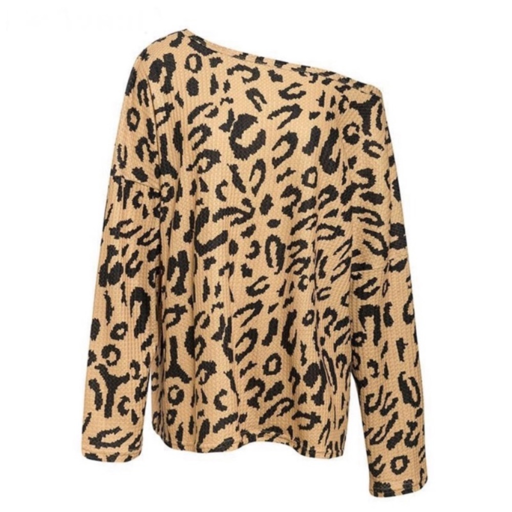 SOLD OUT CLEARANCE Beige Leopard Waffle Off Shoulder Long Sleeve Top - Picture 5 of 5